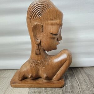 Hand-Carved Wooden Female Bust Sculpture - Brown